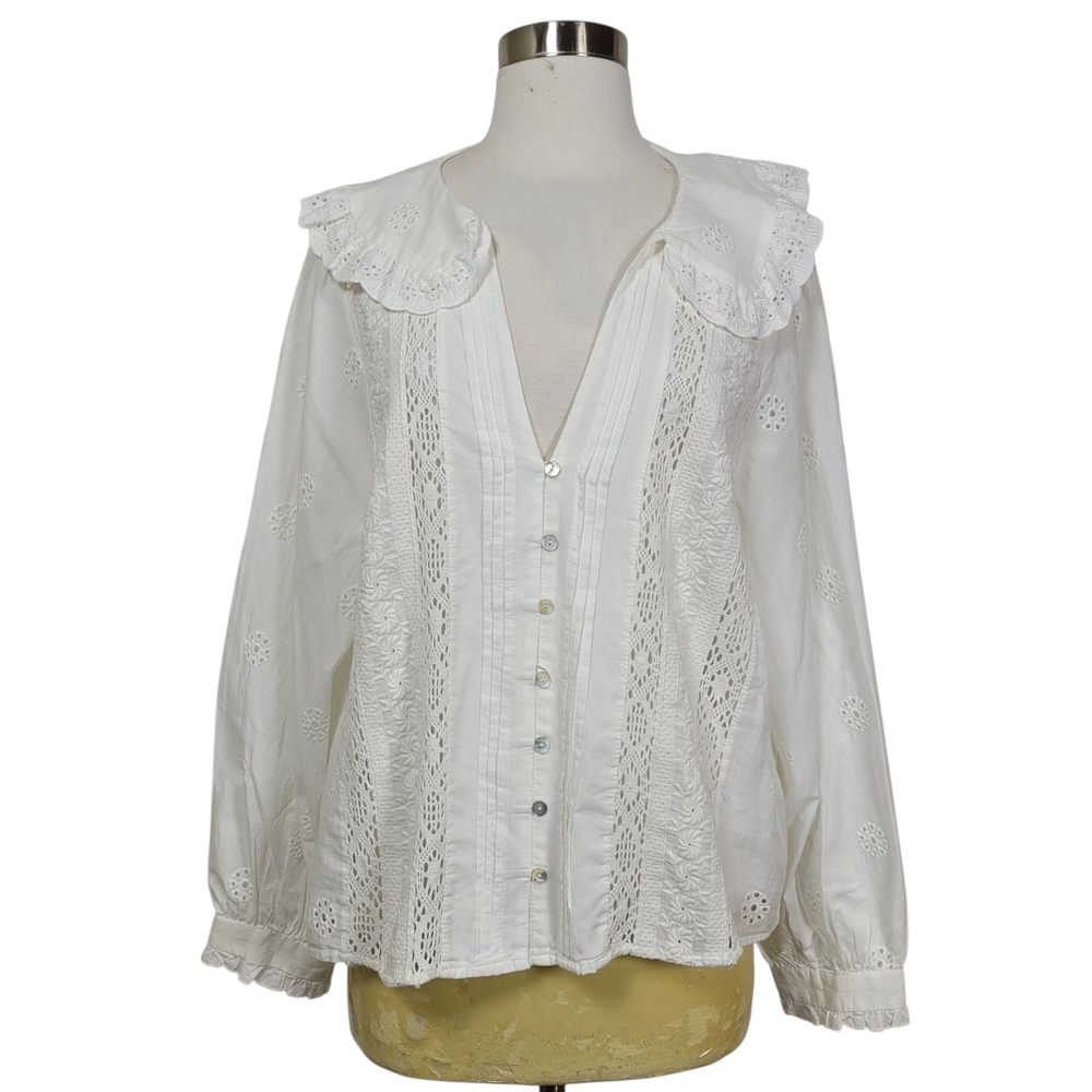 Zara White Boho Crochet Lace Embroidered Button-Up Victorian Blouse Size XXL